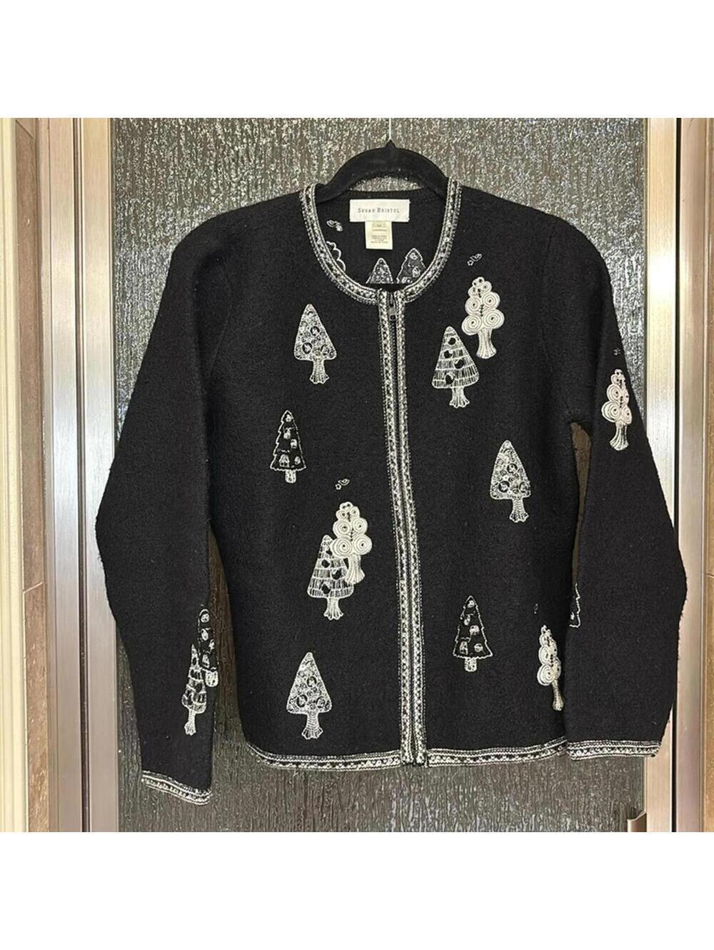 Vintage Susan Bristol Black 100% Wool Winter tree sweater Zip Up Jacket
